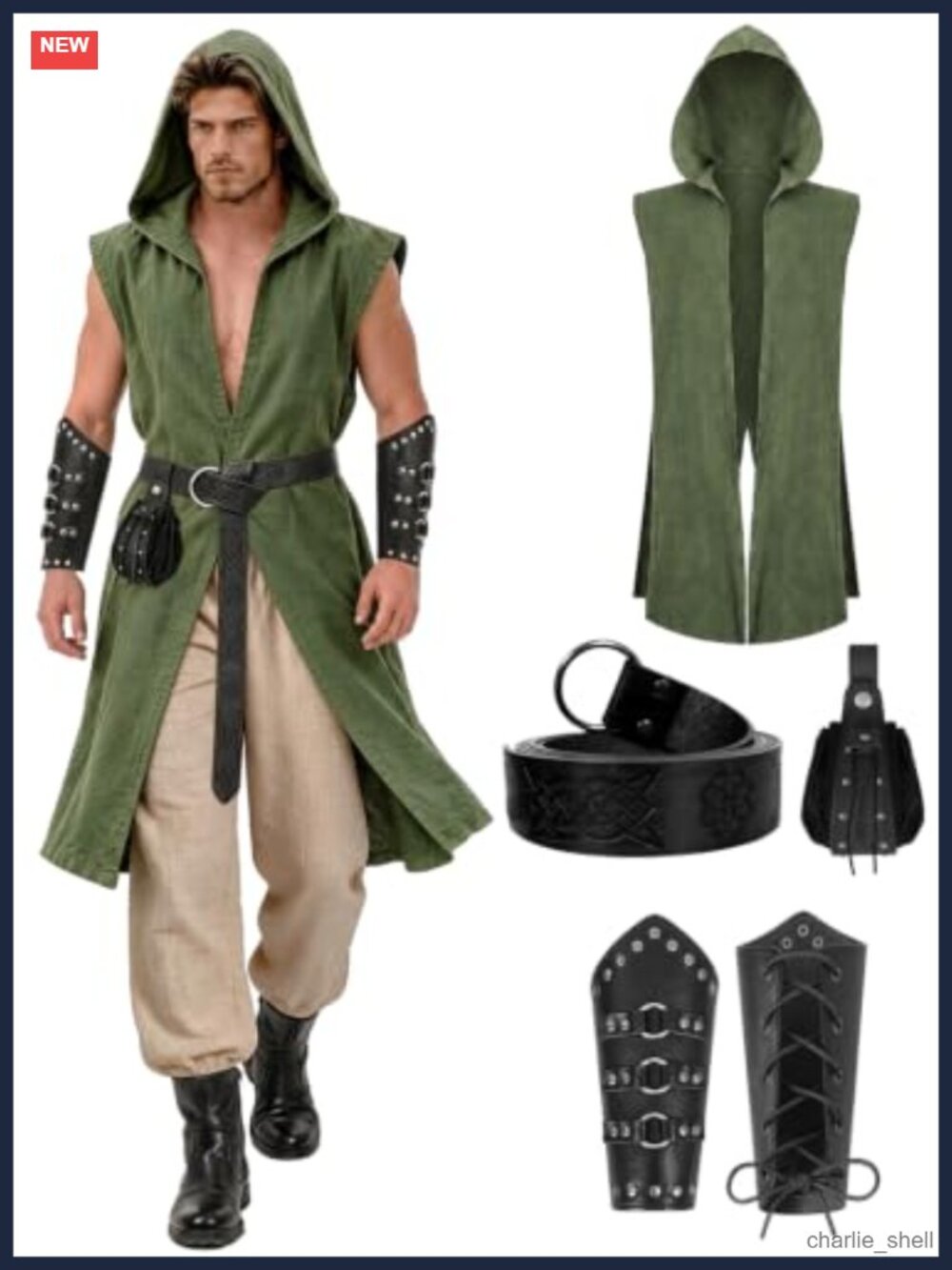 Men's Medieval Hooded Vest Costume Set Faux Leather Belt Bracers Pouch